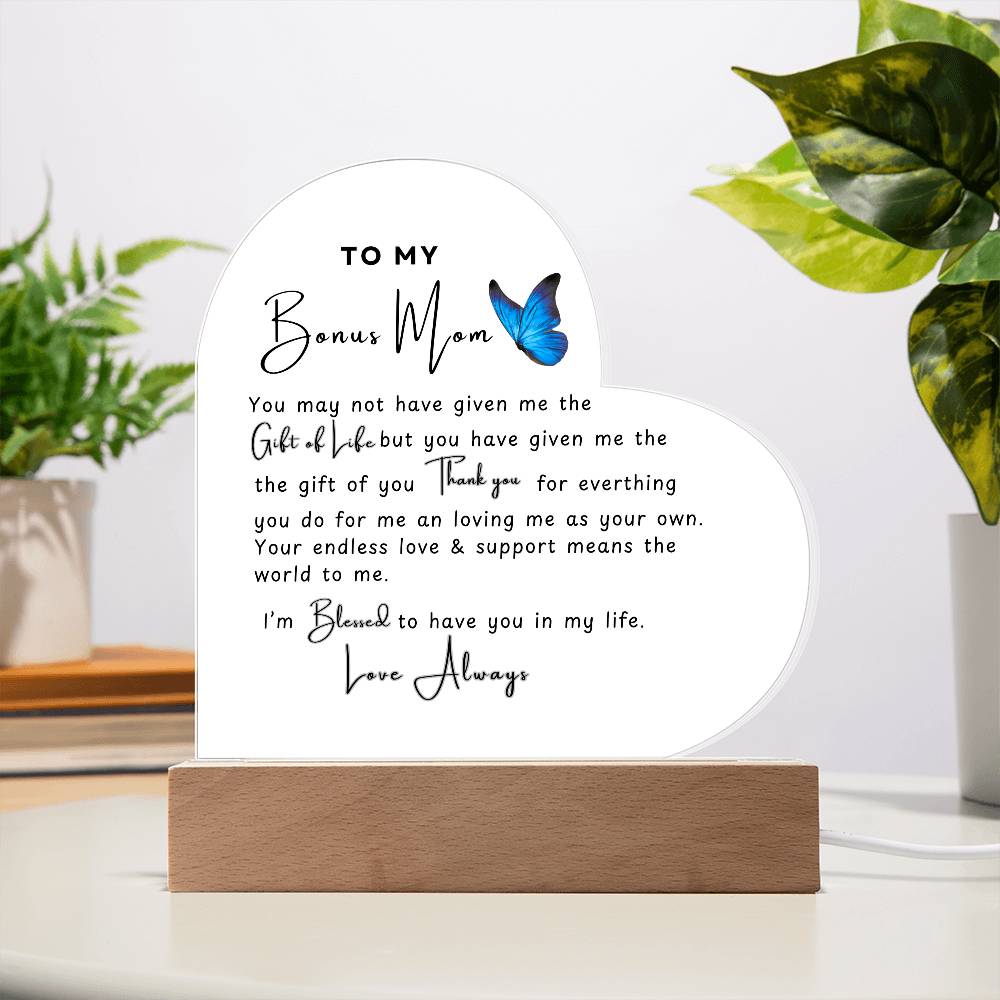 To My Bonus Mom | Acrylic Heart Plaque | Butterfly