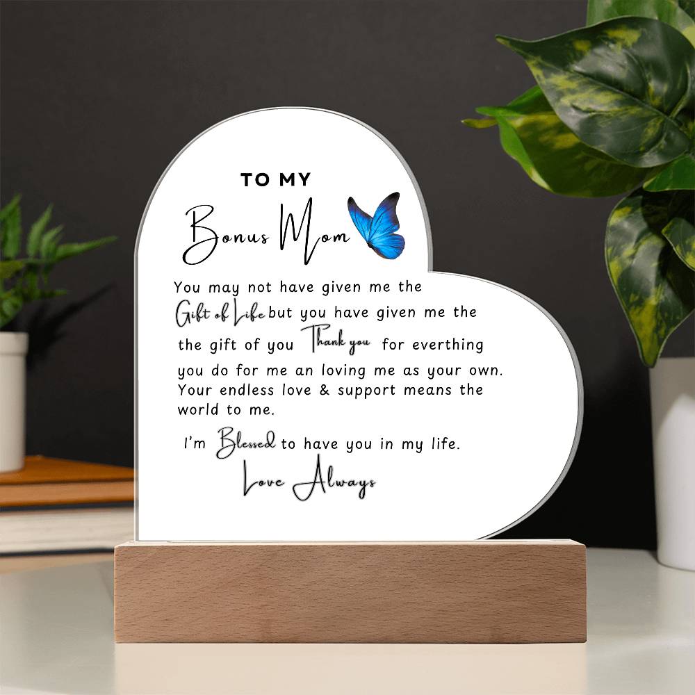 To My Bonus Mom | Acrylic Heart Plaque | Butterfly