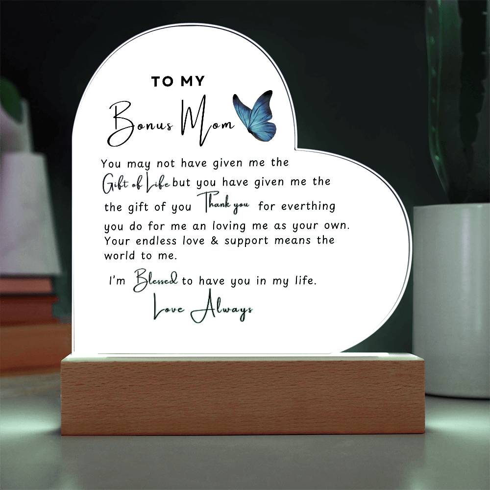 To My Bonus Mom | Acrylic Heart Plaque | Butterfly