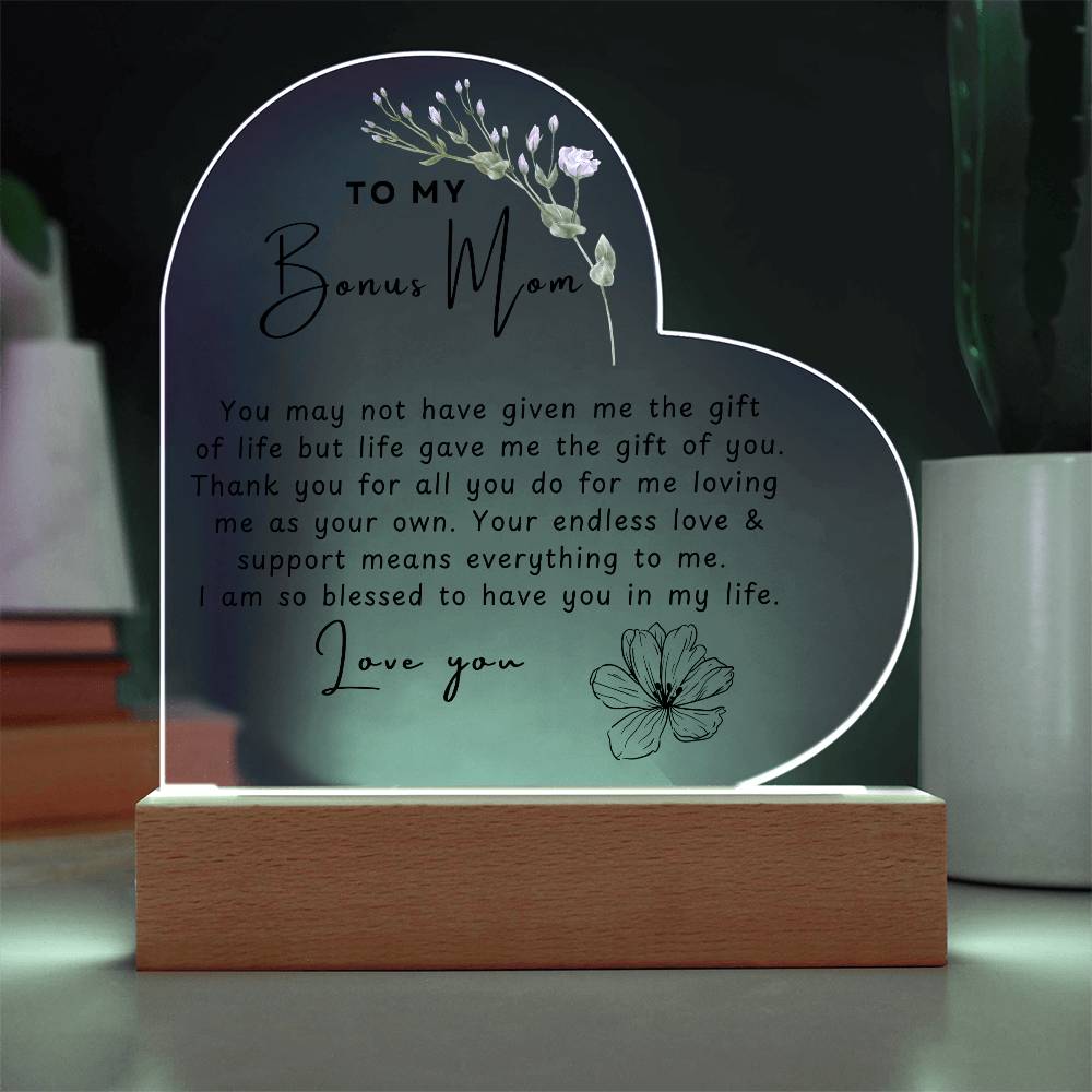 To My Bonus Mom | Acrylic Heart Plaque | Happy Mother's Day